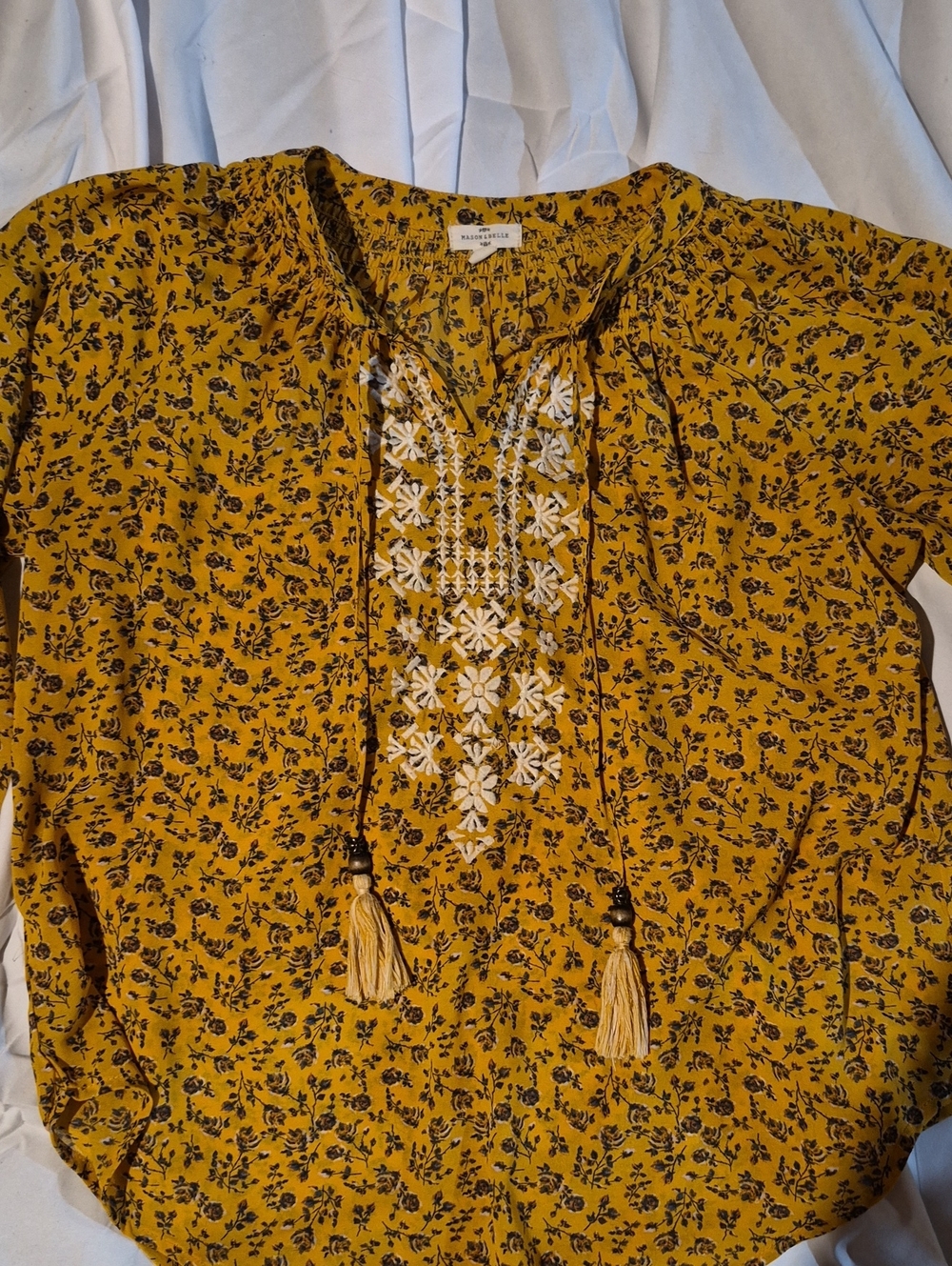 Embroidered Mustard Floral Tunic with Tassel Ties